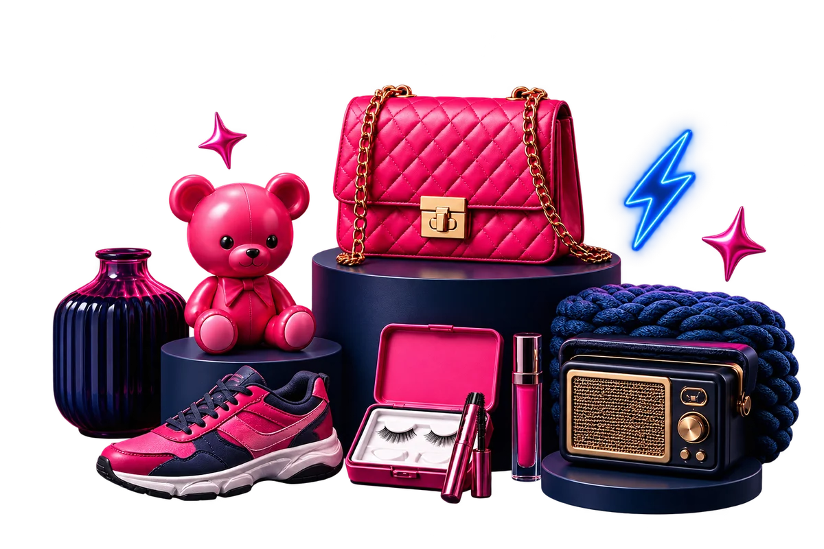 SnapItUp campaign artwork with a pink bag, trainers, collectables, beauty and vintage finds